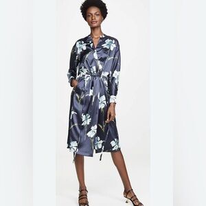 Vince Size XL • Floral Navy Blue Silky Midi Shirt Dress.